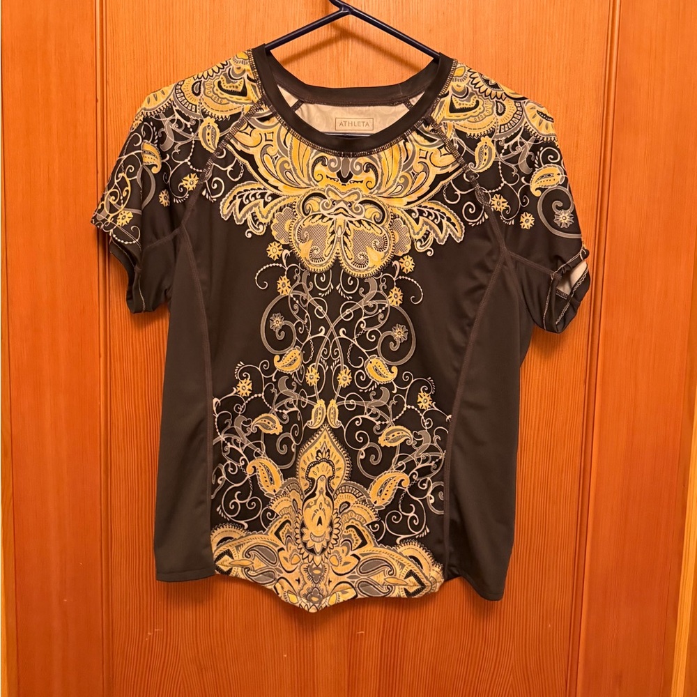 Athleta Short Sleeve Top with Black and Gold Paisley